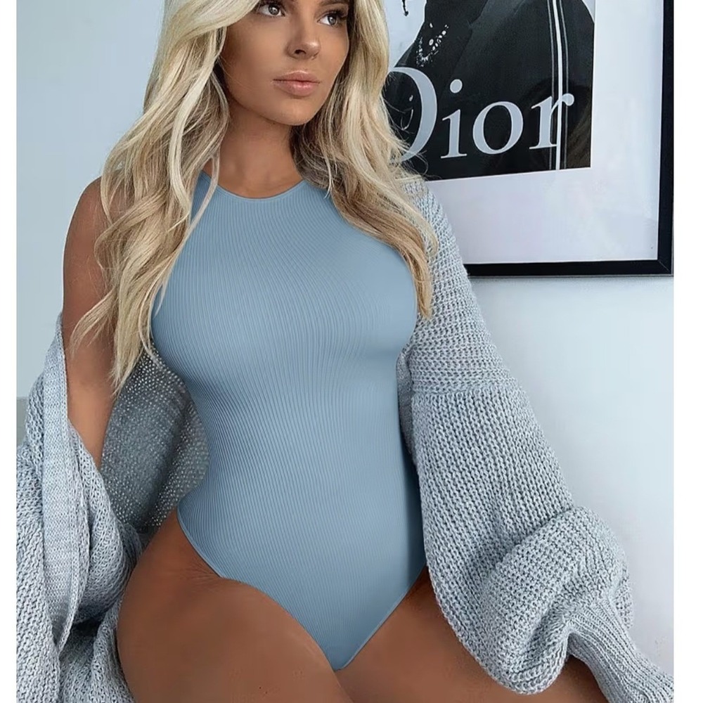 OQQ ribbed compression high neck‎ sky blue bodysuit size Medium A17